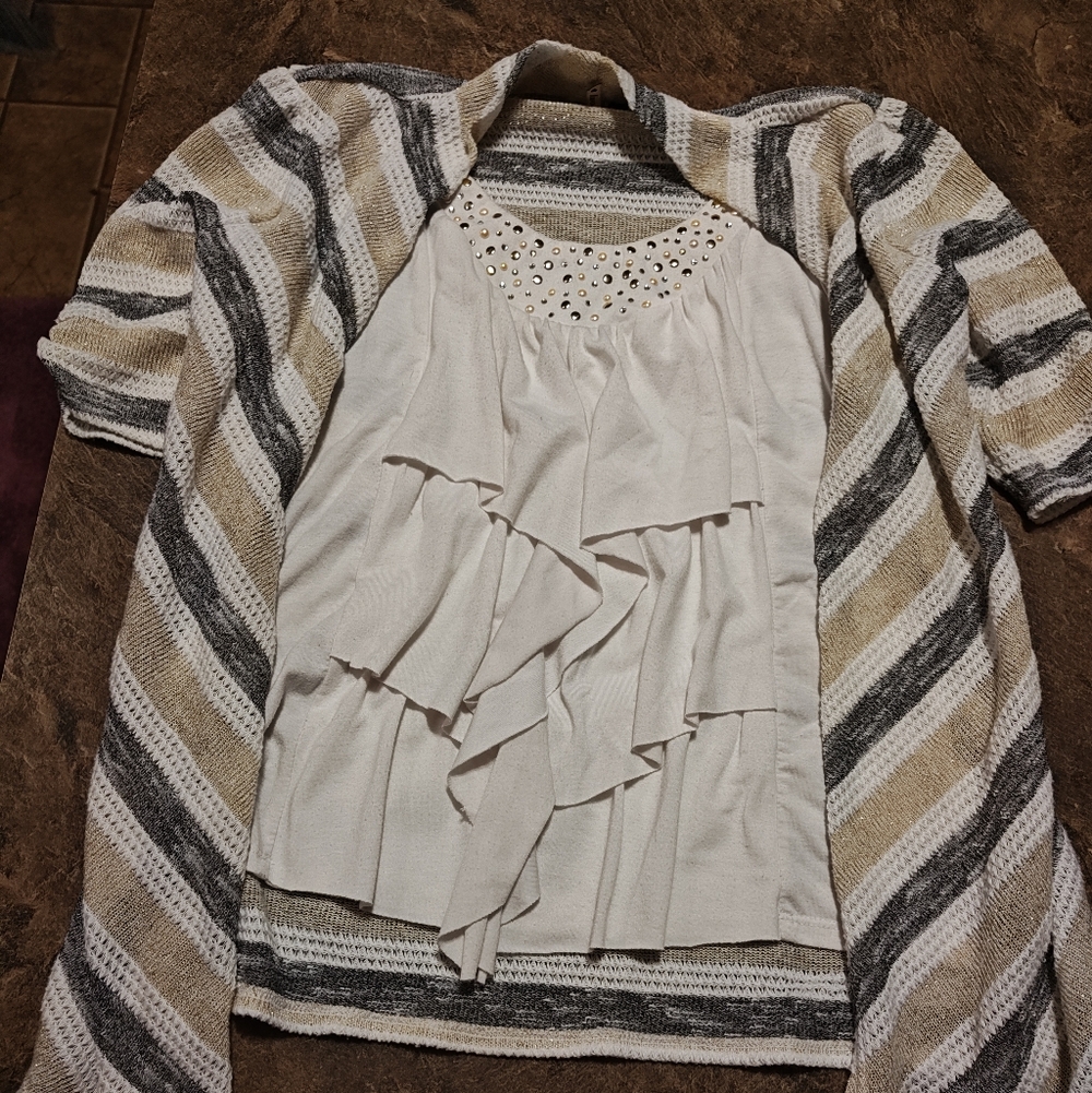 Heart Soul Striped Cardigan with White Ruffled Top